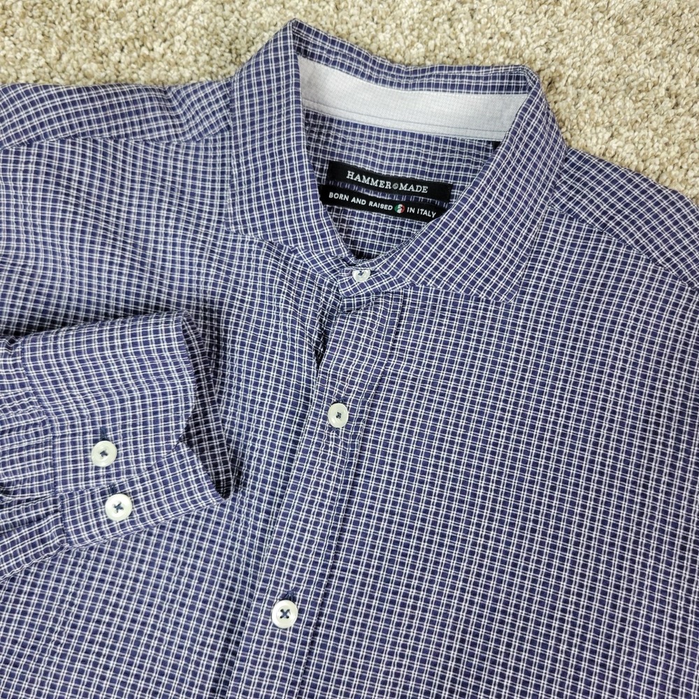 Hammer Made Mens 41/16 Blue Check Seersucker Button Up Long Sleeve Italy Made